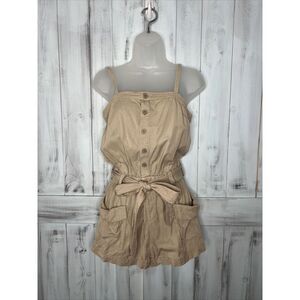 PAM & GELA BEIGE TAN KHAKI SLEEVELESS BUTTON UP TIE WAIST CARGO UTILITY ROMPER P